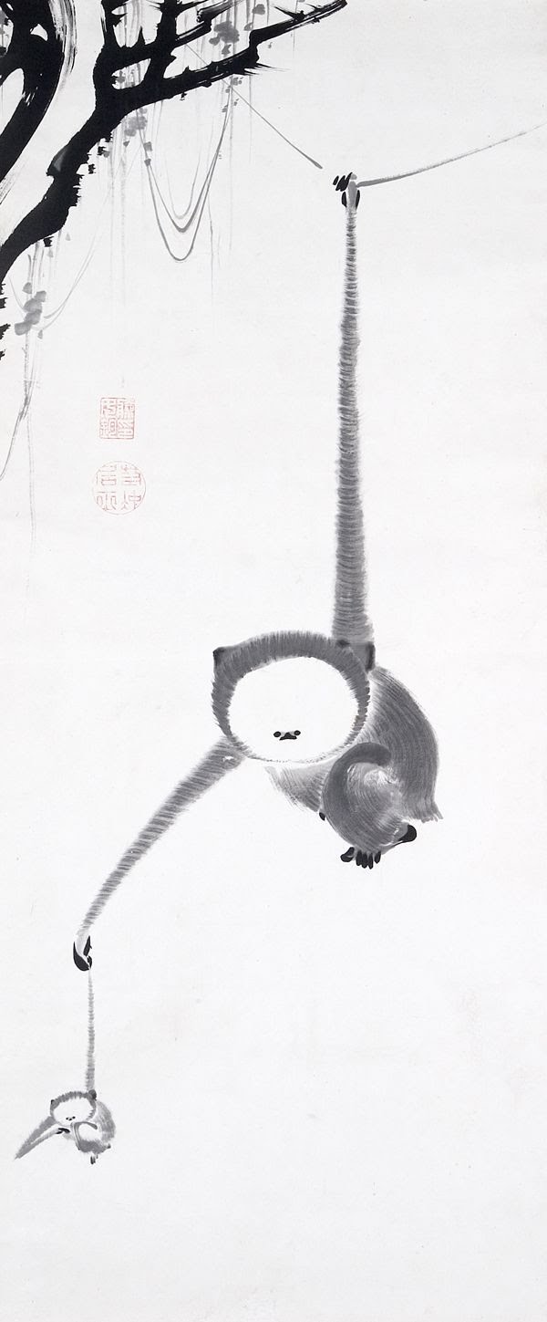 Two Gibbons Reaching for the Moon, ink painting by Jakuchu Ito (伊藤若冲)