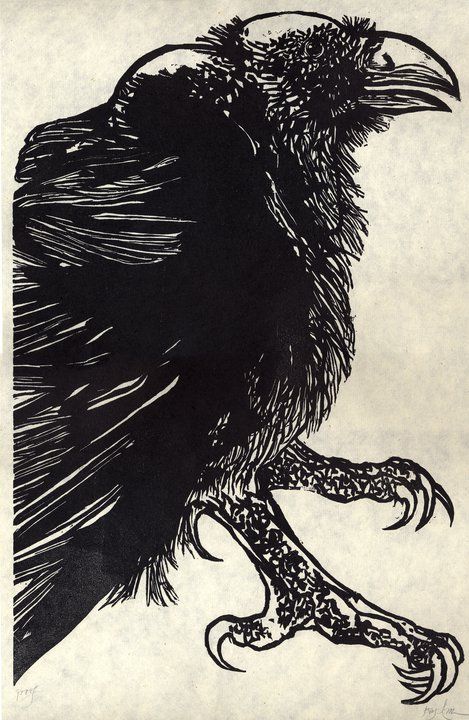 Raven, woodcut print by Leonard Baskin